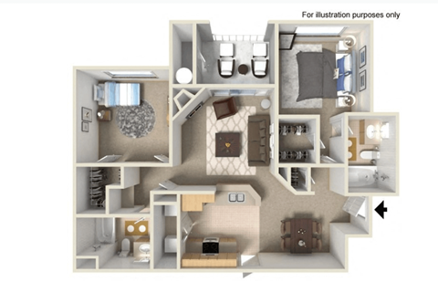 Floor plan for 2 beds, 2 baths, 1040 sqft